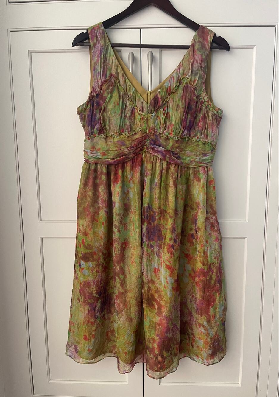 Sundance 100% Silk Dress 10 Watercolor Floral Green Pink Fit Flare Midi V-Neck